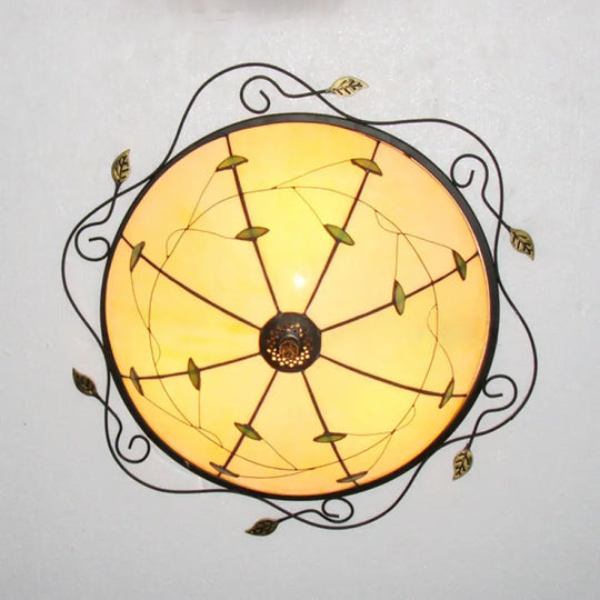 Tiffany Style Stained Glass Round Ceiling Light Fixture With Leaf Pattern - Beige/Blue 3 Bulbs Beige