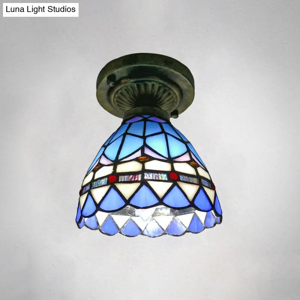 Tiffany Style Stained Glass Semi Flush Ceiling Light Fixture With Bowl Shade Blue / 6