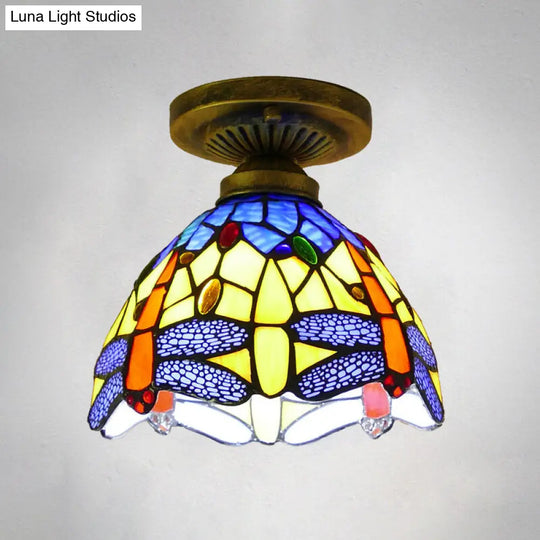 Tiffany Style Stained Glass Semi Flush Ceiling Light Fixture With Bowl Shade Royal Blue / 8