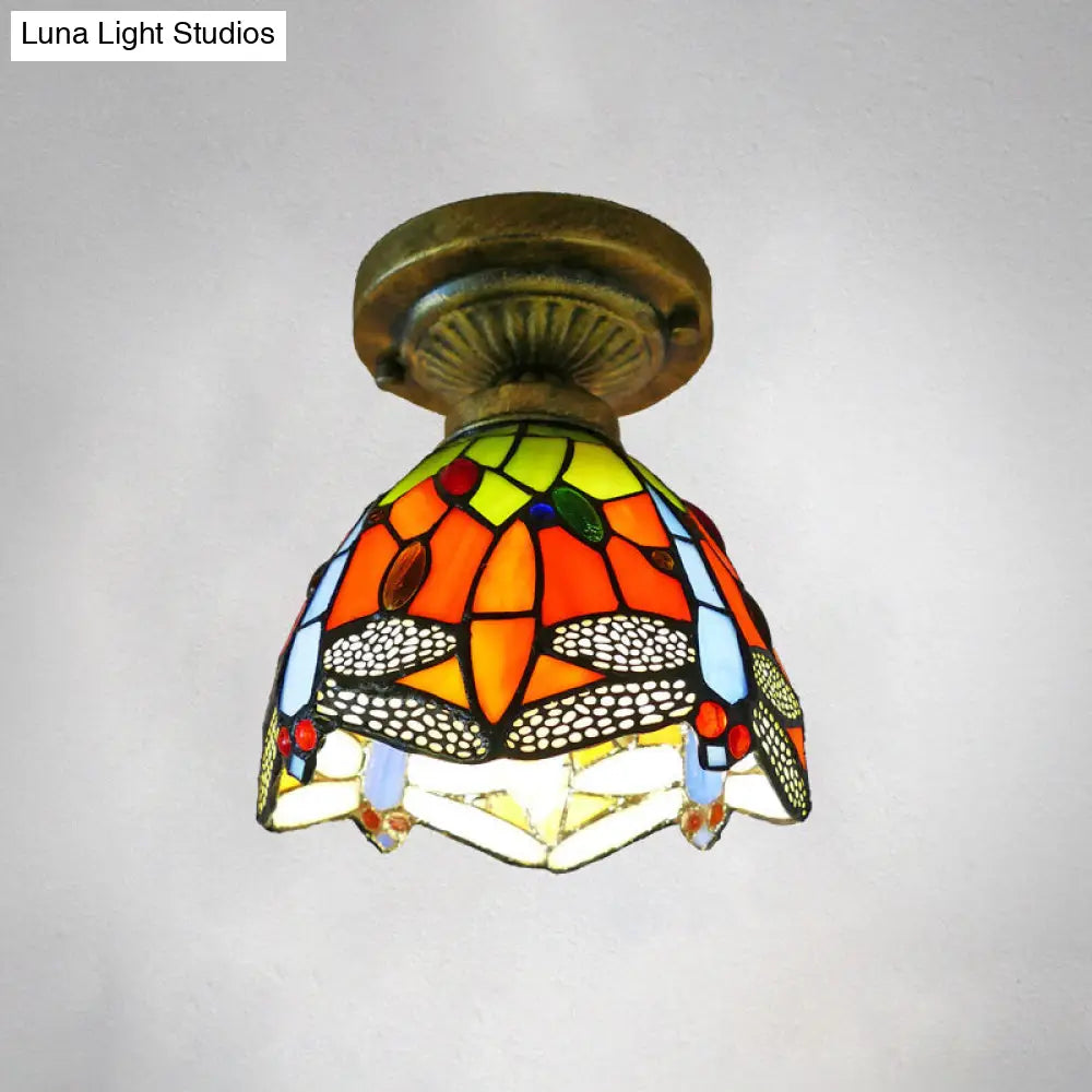 Tiffany Style Stained Glass Semi Flush Ceiling Light Fixture With Bowl Shade Orange / 6