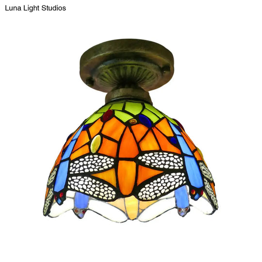 Tiffany Style Stained Glass Semi Flush Ceiling Light Fixture With Bowl Shade