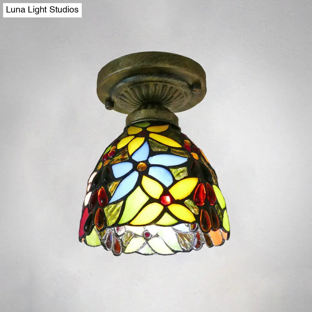 Tiffany Style Stained Glass Semi Flush Ceiling Light Fixture With Bowl Shade Yellow / 6