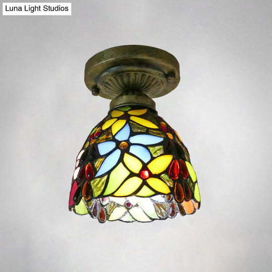 Tiffany Style Stained Glass Semi Flush Ceiling Light Fixture With Bowl Shade Yellow / 6