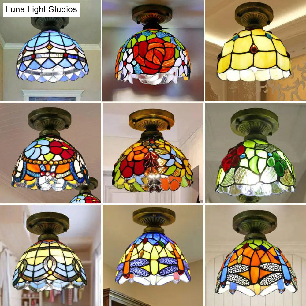 Tiffany Style Stained Glass Semi Flush Ceiling Light Fixture With Bowl Shade