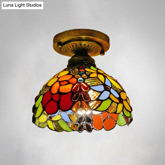 Tiffany Style Stained Glass Semi Flush Ceiling Light Fixture With Bowl Shade Yellow / 8