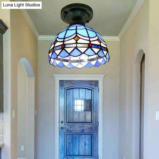Tiffany Style Stained Glass Semi Flush Ceiling Light Fixture With Bowl Shade Blue / 8