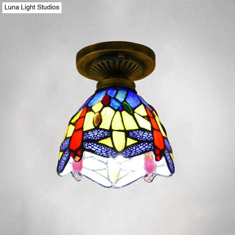 Tiffany Style Stained Glass Semi Flush Ceiling Light Fixture With Bowl Shade Royal Blue / 6