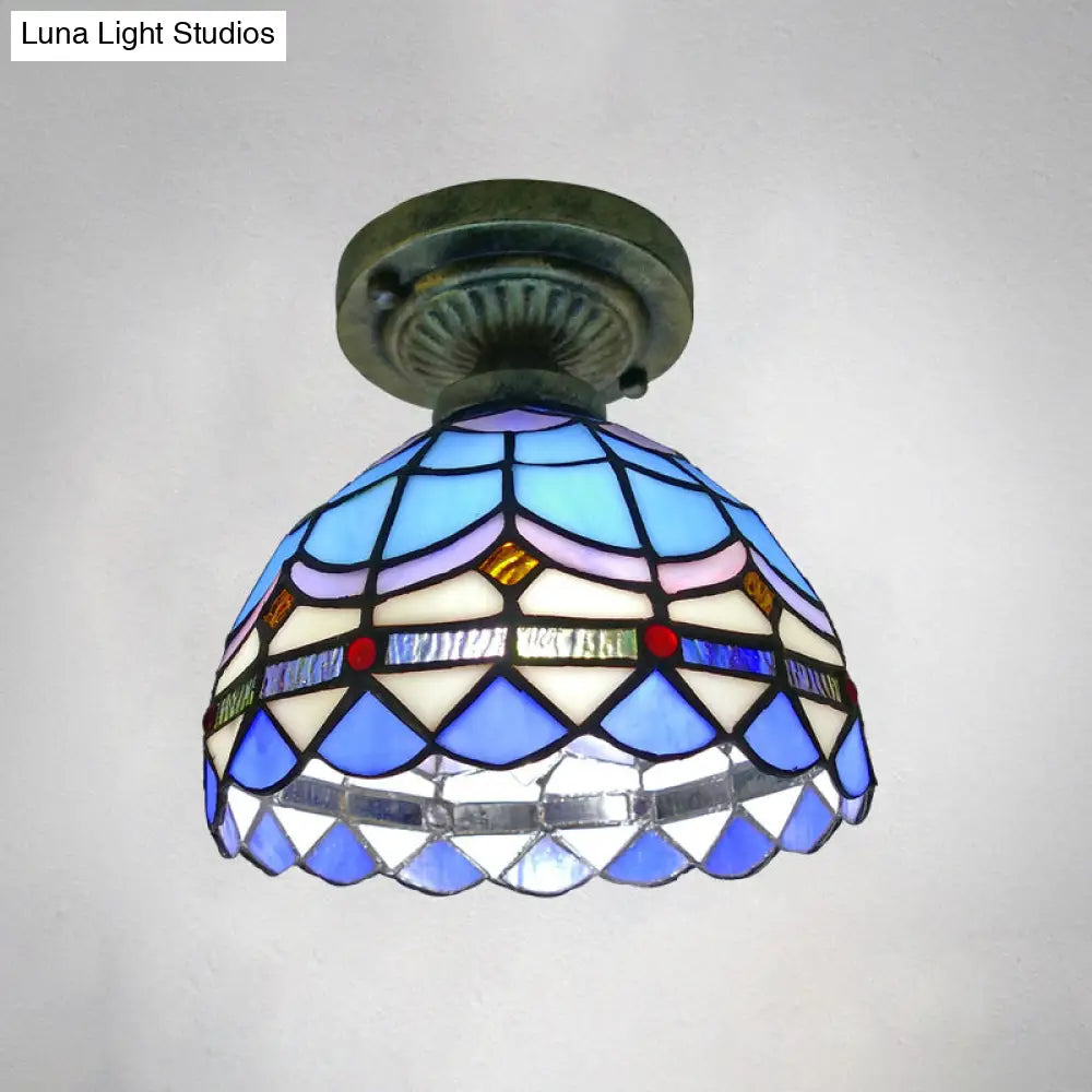 Tiffany Style Stained Glass Semi Flush Ceiling Light Fixture With Bowl Shade