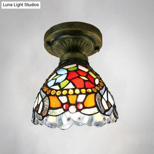 Tiffany Style Stained Glass Semi Flush Ceiling Light Fixture With Bowl Shade Red / 6
