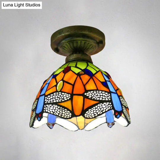 Tiffany Style Stained Glass Semi Flush Ceiling Light Fixture With Bowl Shade Orange / 8