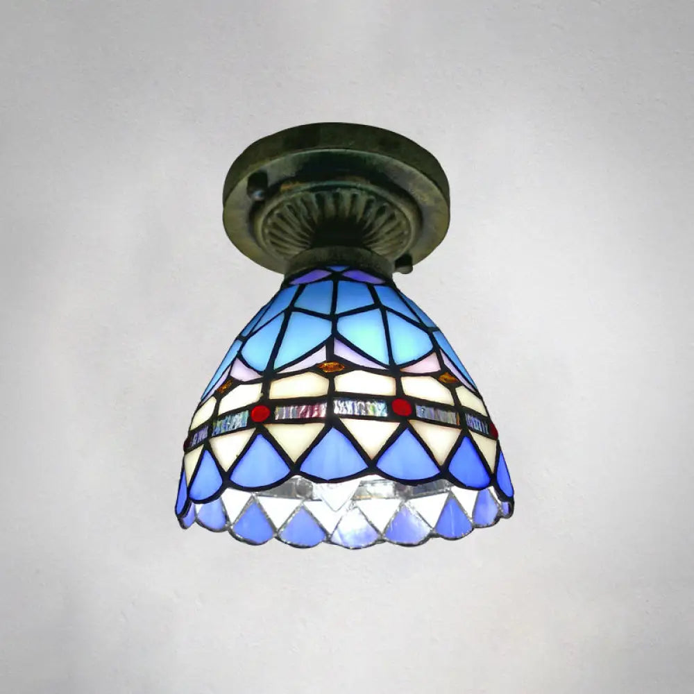 Tiffany Style Stained Glass Semi Flush Ceiling Light Fixture With Bowl Shade Blue / 6’