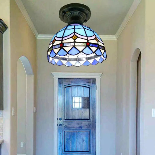 Tiffany Style Stained Glass Semi Flush Ceiling Light Fixture With Bowl Shade Blue / 8’
