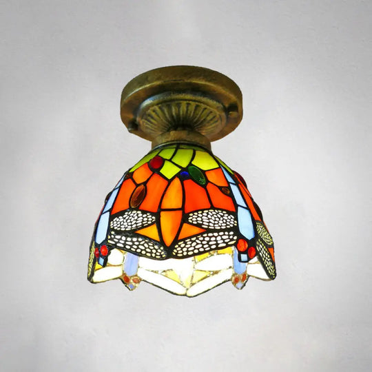 Tiffany Style Stained Glass Semi Flush Ceiling Light Fixture With Bowl Shade Orange / 6’