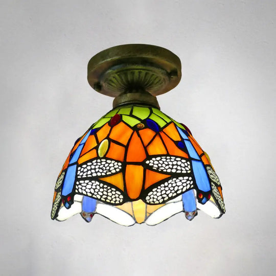 Tiffany Style Stained Glass Semi Flush Ceiling Light Fixture With Bowl Shade Orange / 8’