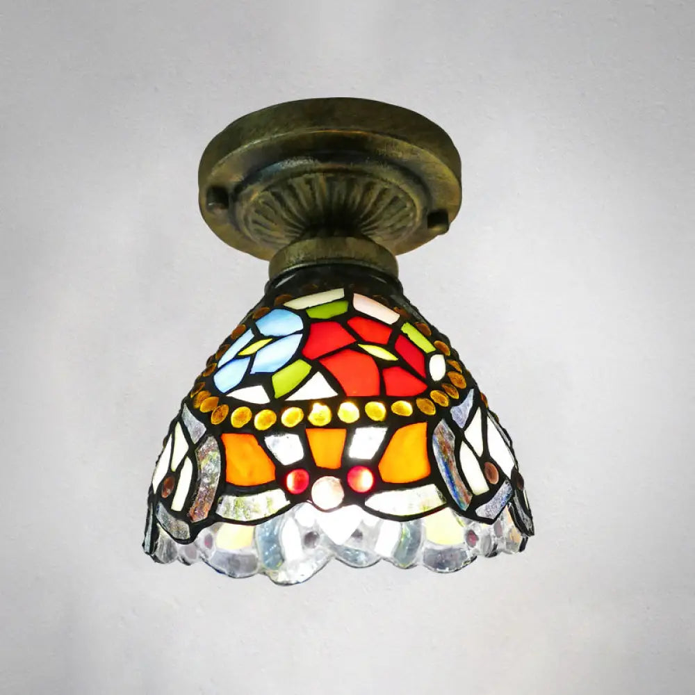 Tiffany Style Stained Glass Semi Flush Ceiling Light Fixture With Bowl Shade Red / 6’