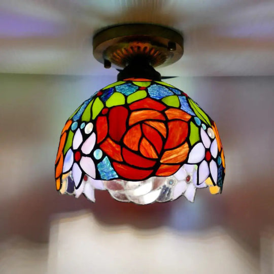 Tiffany Style Stained Glass Semi Flush Ceiling Light Fixture With Bowl Shade Red / 8’