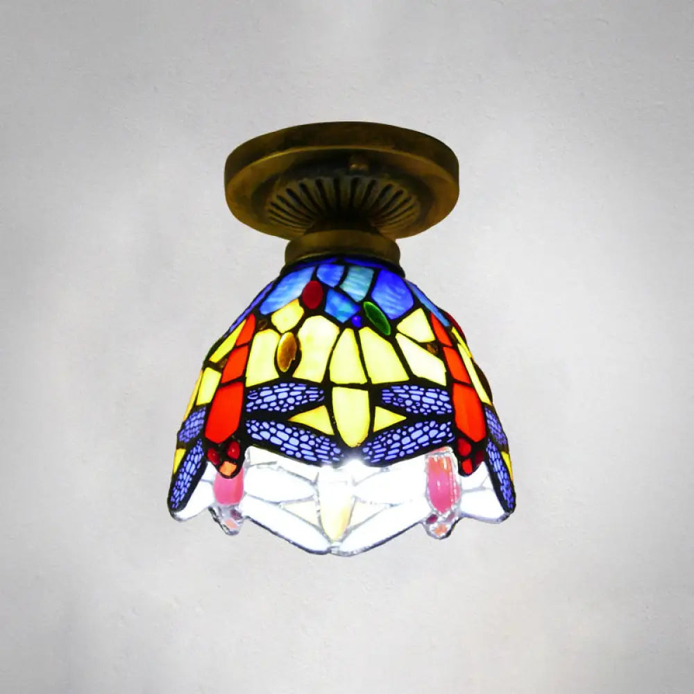 Tiffany Style Stained Glass Semi Flush Ceiling Light Fixture With Bowl Shade Royal Blue / 6’