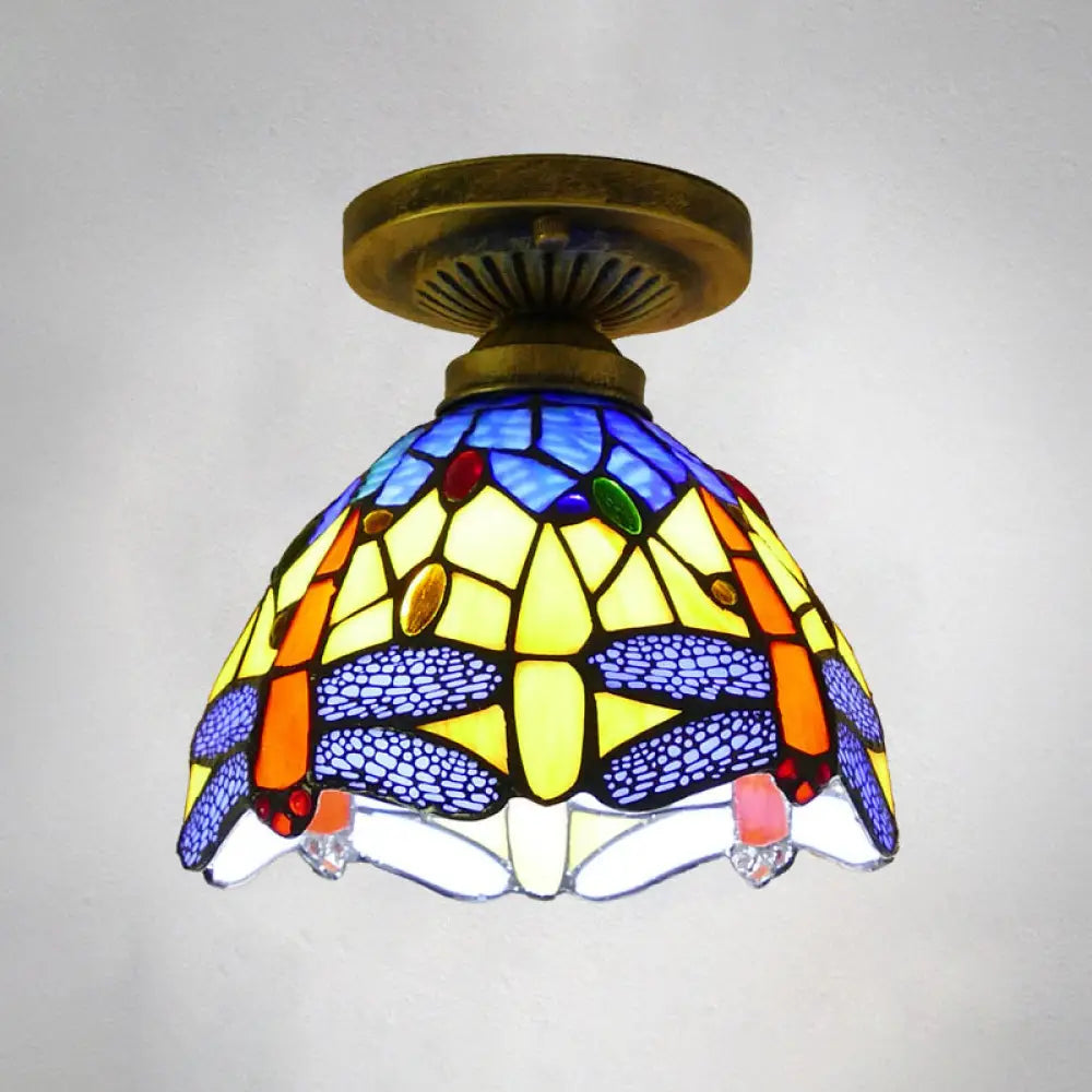 Tiffany Style Stained Glass Semi Flush Ceiling Light Fixture With Bowl Shade Royal Blue / 8’