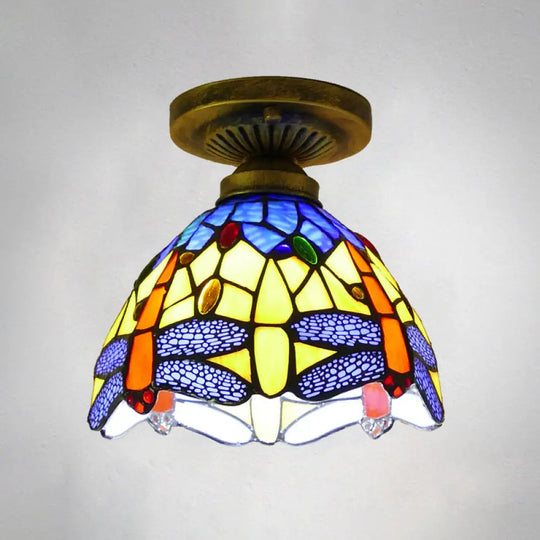 Tiffany Style Stained Glass Semi Flush Ceiling Light Fixture With Bowl Shade Royal Blue / 8’