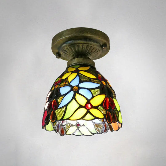Tiffany Style Stained Glass Semi Flush Ceiling Light Fixture With Bowl Shade Yellow / 6’