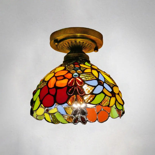 Tiffany Style Stained Glass Semi Flush Ceiling Light Fixture With Bowl Shade Yellow / 8’