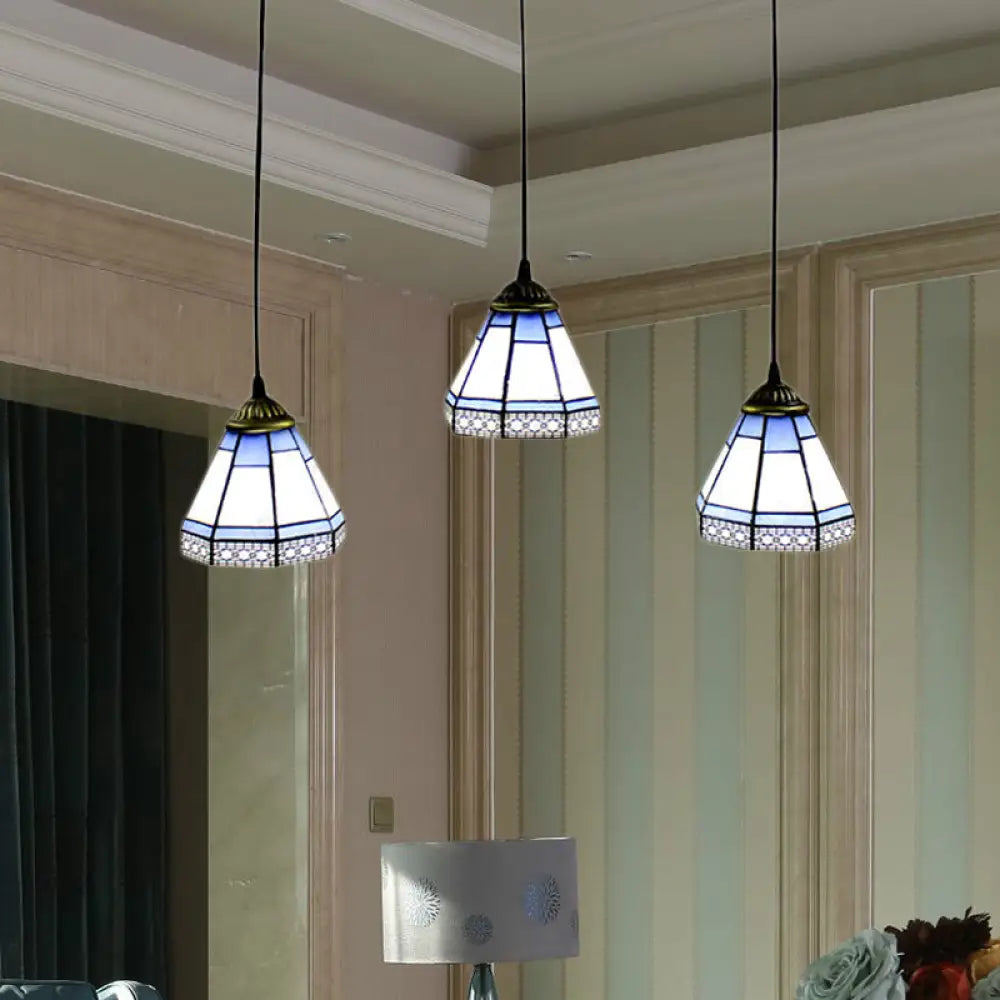 Tiffany-Style Stained Glass Swag Lamp: Blue & White Cluster Pendant Light (3 Heads) With Canopy