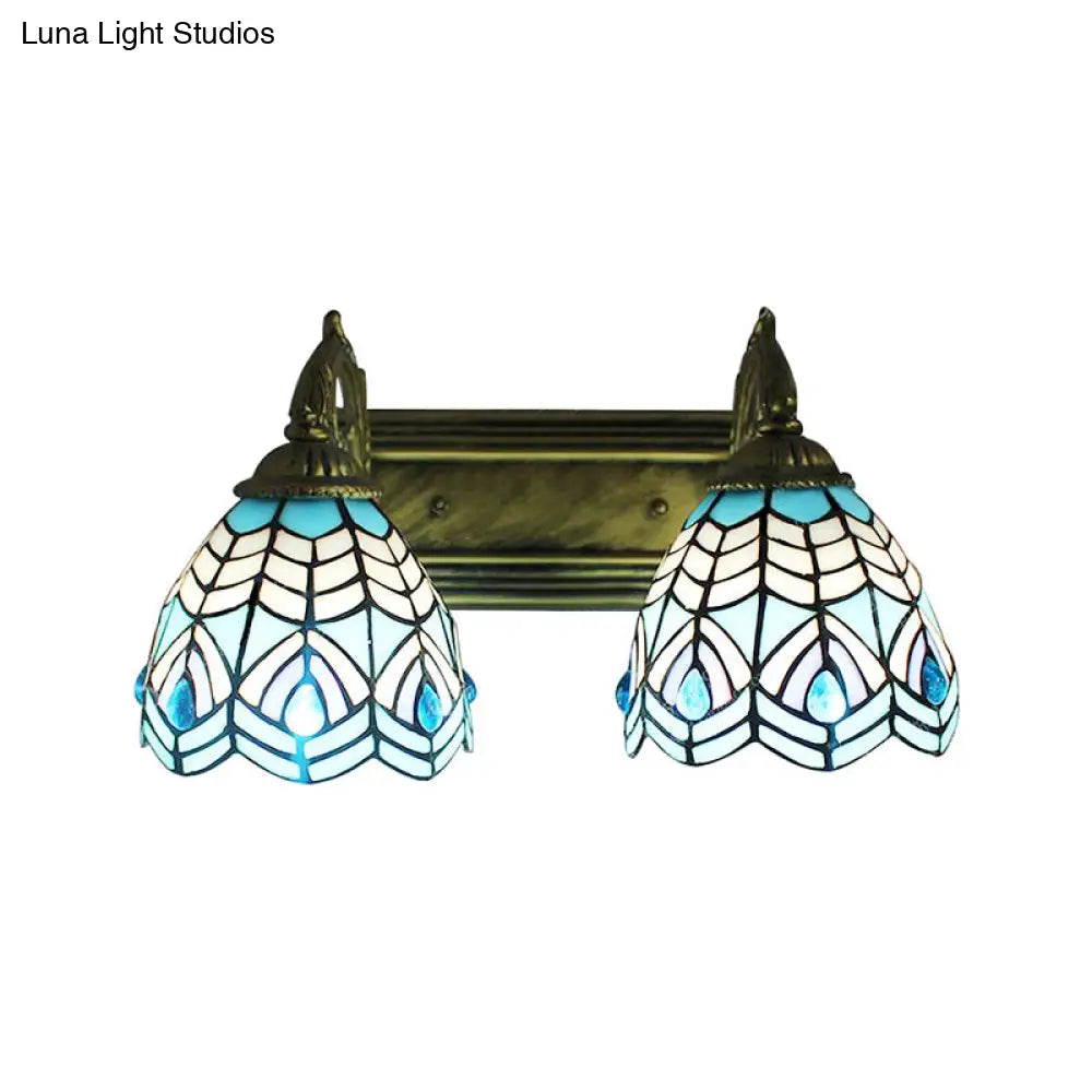 Tiffany Style Stained Glass Wall Lighting - Elegant Blue Dome Fixture With 2 Heads