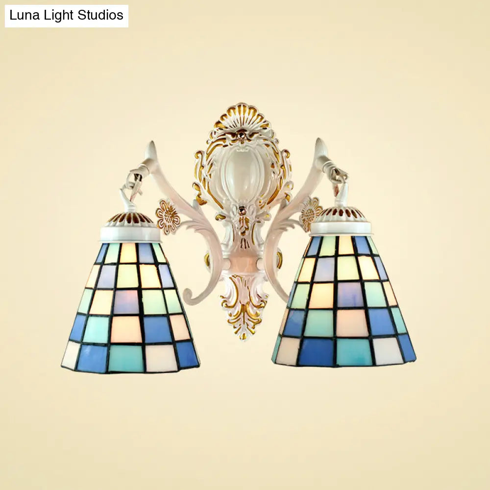 Tiffany Style Stained Glass Wall Sconce: 2-Light Cone With White Grid Pattern Finish