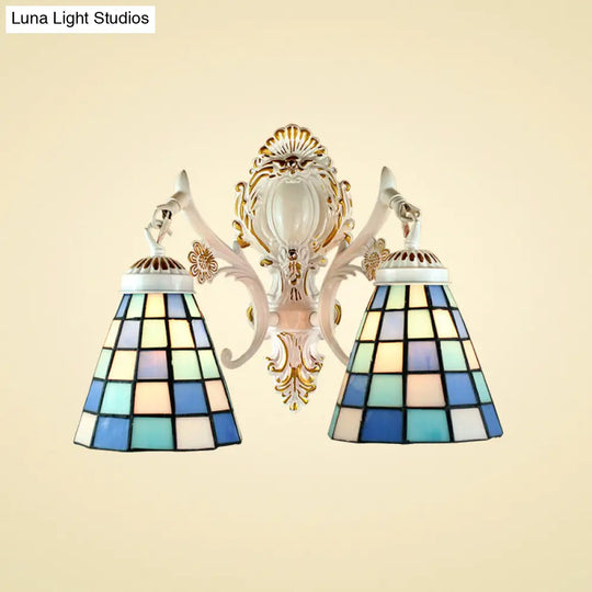 Tiffany Style Stained Glass Wall Sconce: 2-Light Cone With White Grid Pattern Finish