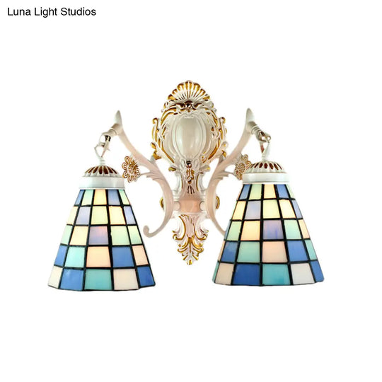 Tiffany Style Stained Glass Wall Sconce: 2-Light Cone With White Grid Pattern Finish