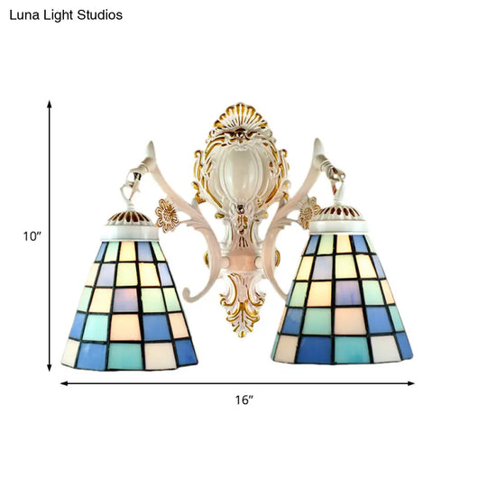 Tiffany Style Stained Glass Wall Sconce: 2-Light Cone With White Grid Pattern Finish