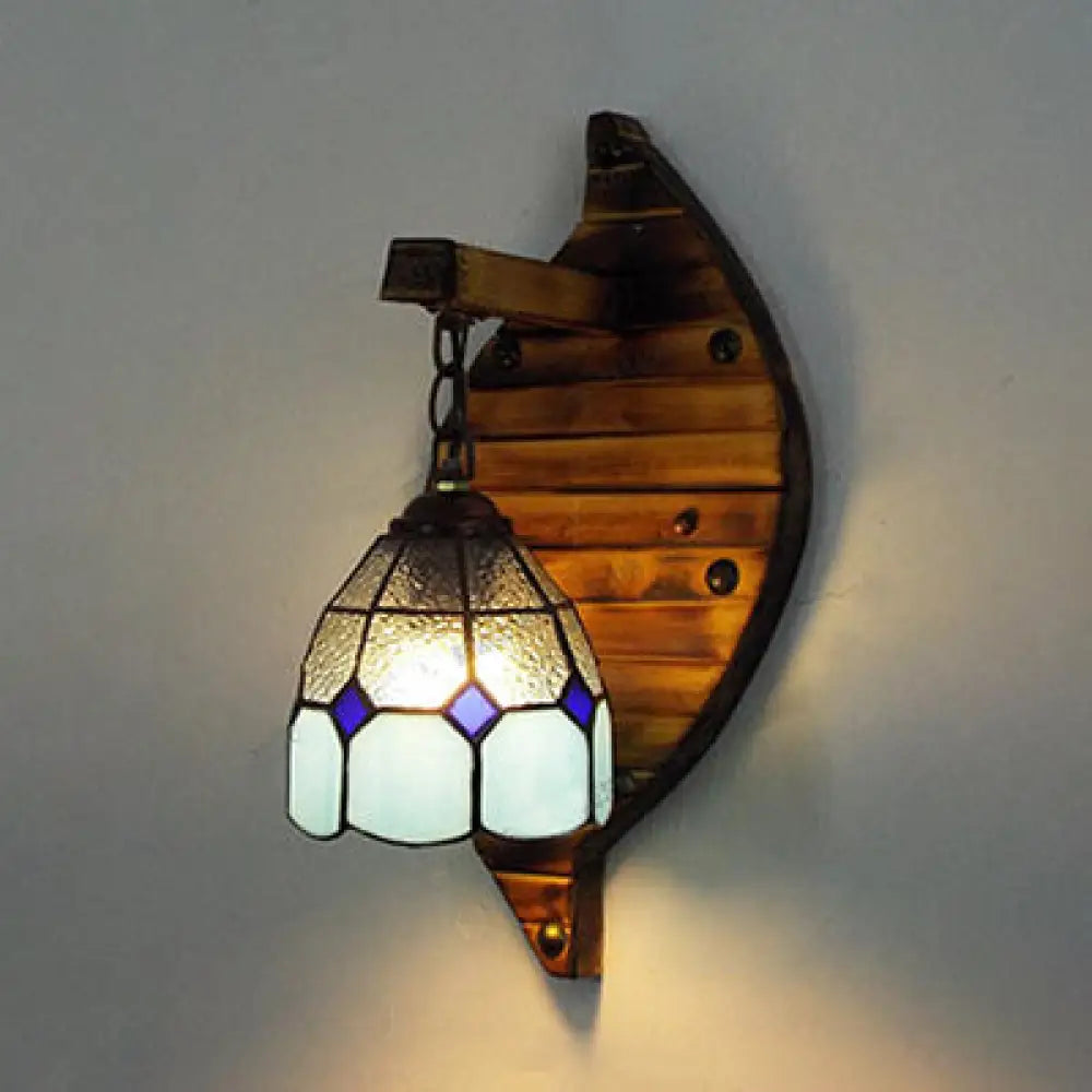 Tiffany Style Stained Glass Wall Sconce - Blue Dome-Shaped Mount Fixture 1 Light 6/5.5 W With Chain