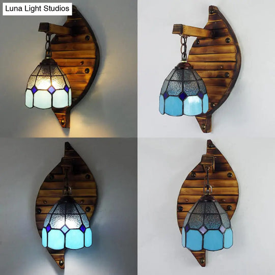 Tiffany Style Stained Glass Wall Sconce - Blue Dome-Shaped Mount Fixture 1 Light 6/5.5 W With Chain