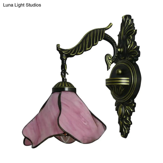 Tiffany Style Stained Glass Wall Sconce Light In Aged Brass - Clear/Pink/Light Blue/Dark Blue/Beige