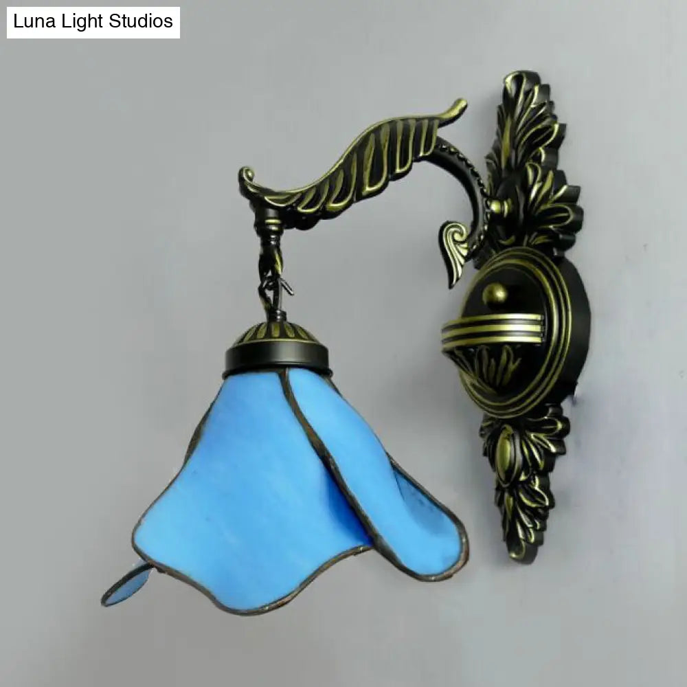 Tiffany Style Stained Glass Wall Sconce Light In Aged Brass - Clear/Pink/Light Blue/Dark Blue/Beige