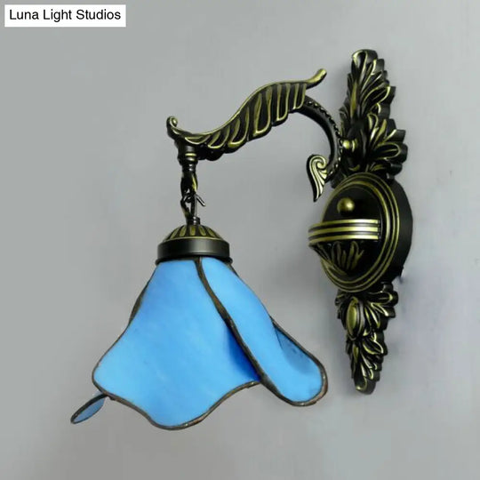 Tiffany Style Stained Glass Wall Sconce Light In Aged Brass - Clear/Pink/Light Blue/Dark Blue/Beige