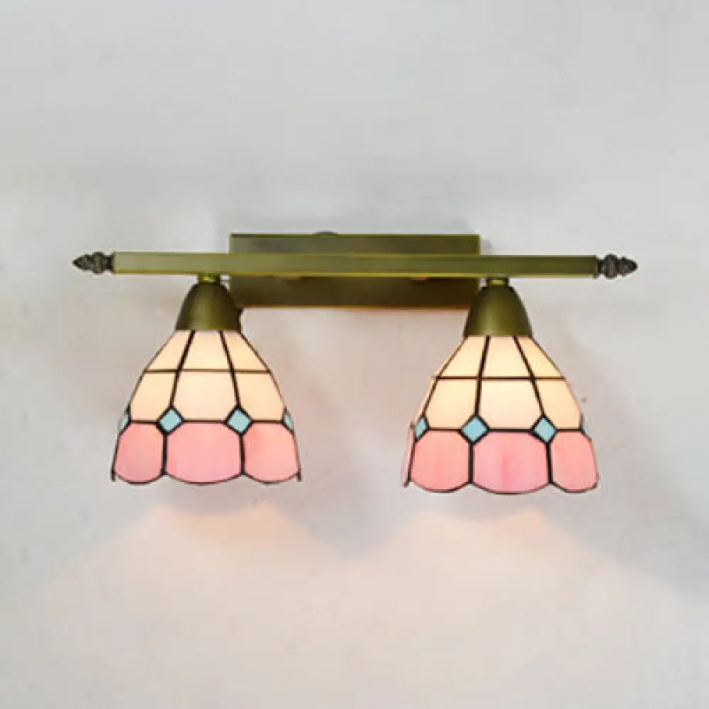 Tiffany Style Stained Glass Wall Sconce Light With Domed Design - 2 Heads In Yellow/Pink/Green/Blue