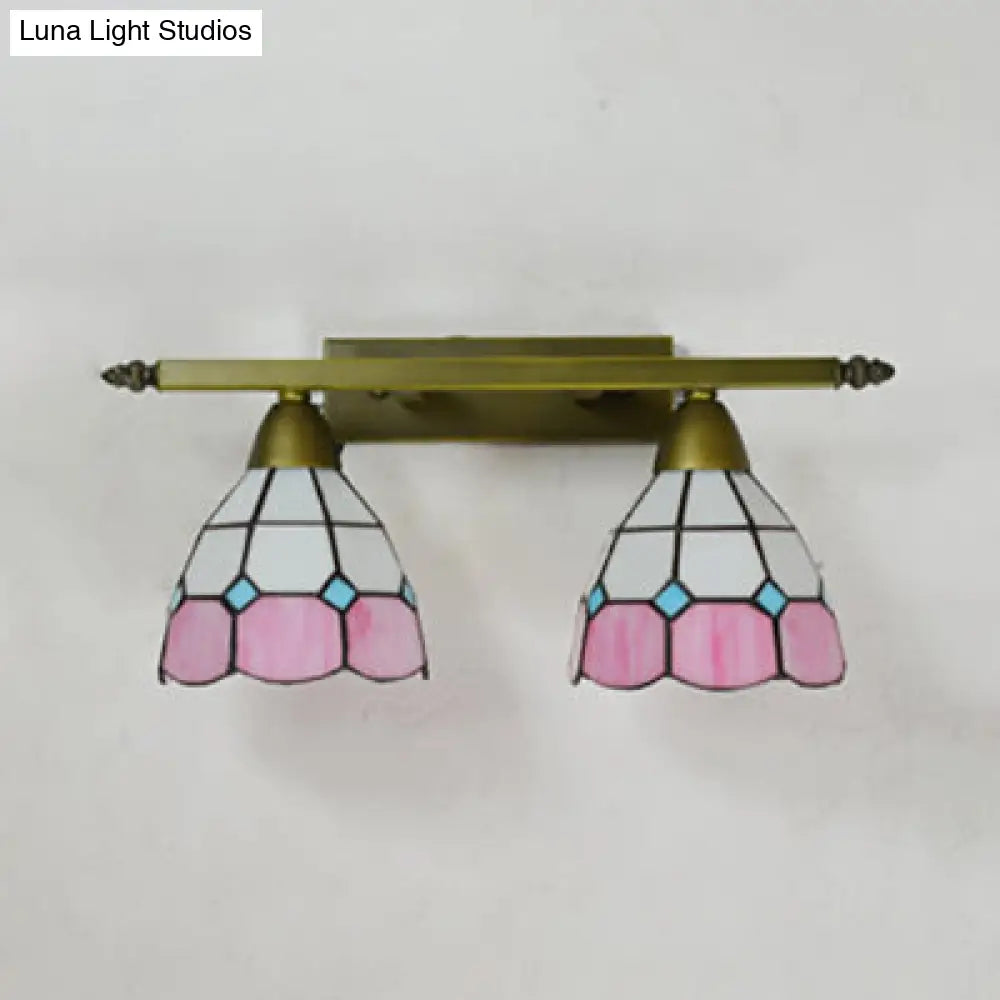 Tiffany Style Stained Glass Wall Sconce Light With Domed Design - 2 Heads In Yellow/Pink/Green/Blue