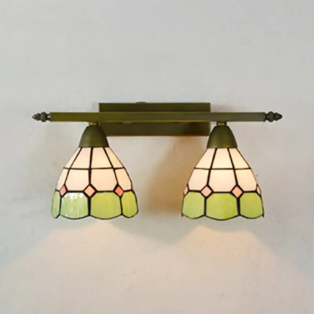 Tiffany Style Stained Glass Wall Sconce Light With Domed Design - 2 Heads In Yellow/Pink/Green/Blue