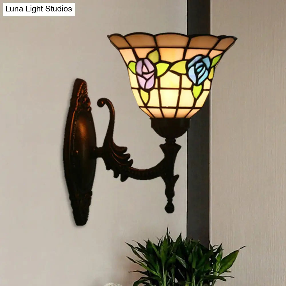 Tiffany Style Stained Glass Wall Sconce With Flared Design - Red/Pink/Blue Floral Pattern