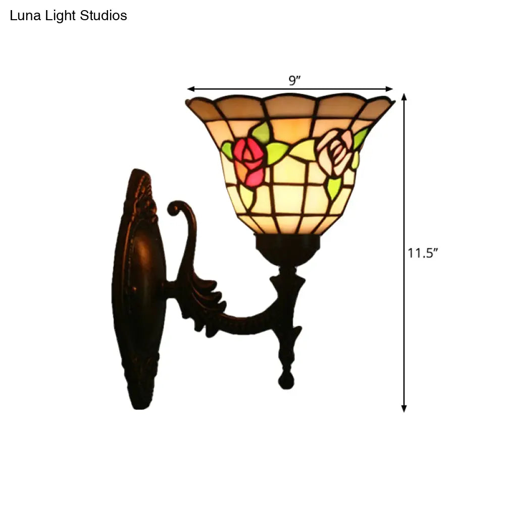 Tiffany Style Stained Glass Wall Sconce With Flared Design - Red/Pink/Blue Floral Pattern