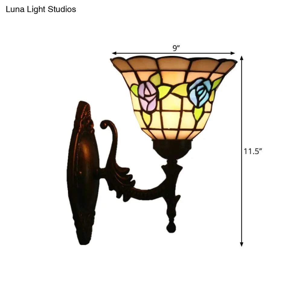 Tiffany Style Stained Glass Wall Sconce With Flared Design - Red/Pink/Blue Floral Pattern