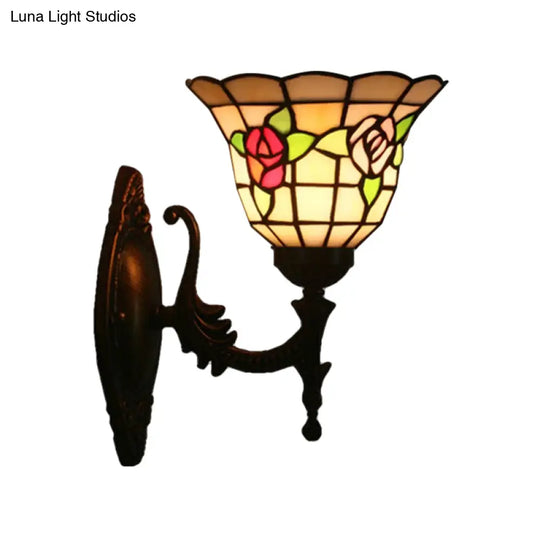 Tiffany Style Stained Glass Wall Sconce With Flared Design - Red/Pink/Blue Floral Pattern