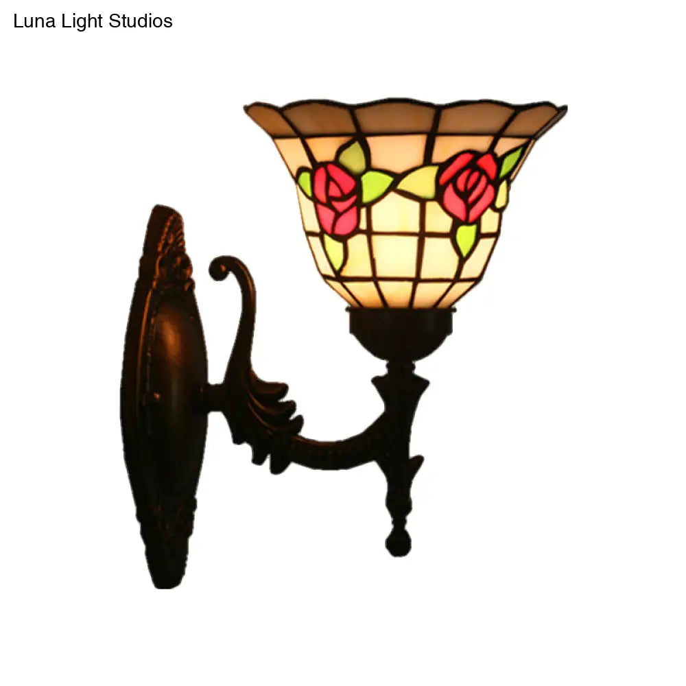 Tiffany Style Stained Glass Wall Sconce With Flared Design - Red/Pink/Blue Floral Pattern