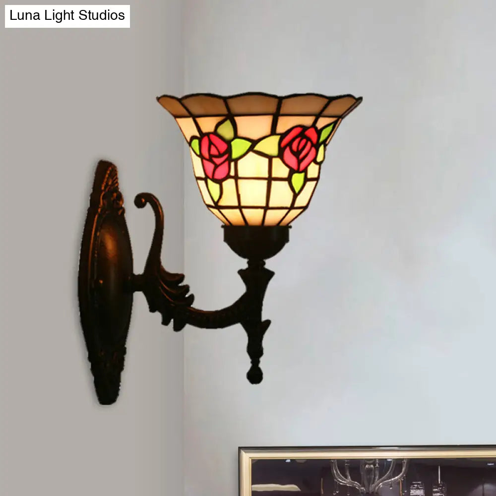 Tiffany Style Stained Glass Wall Sconce With Flared Design - Red/Pink/Blue Floral Pattern