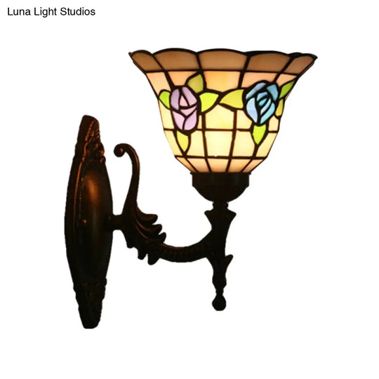 Tiffany Style Stained Glass Wall Sconce With Flared Design - Red/Pink/Blue Floral Pattern