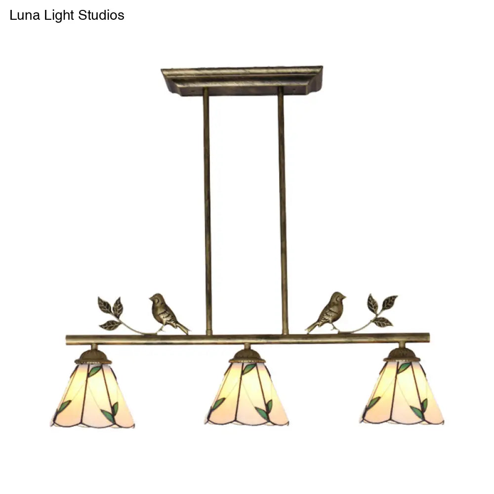 Tiffany Style Stainless Glass Cone Shade Island Lighting Fixture With Leaf Pattern - 3 Lights Beige