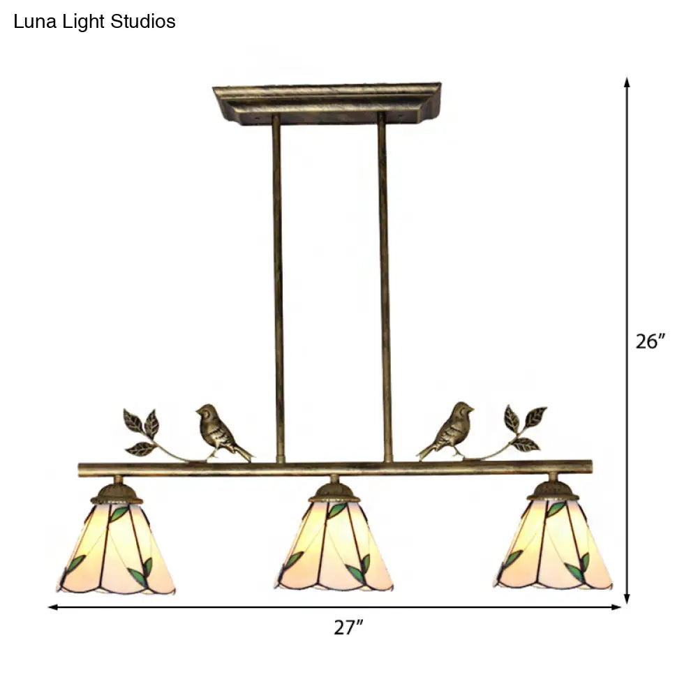 Tiffany Style Stainless Glass Cone Shade Island Lighting Fixture With Leaf Pattern - 3 Lights Beige