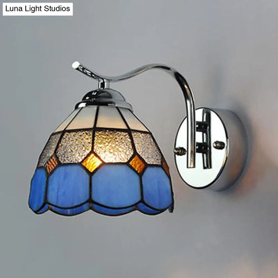 Tiffany Style Tapered Wall Light: Square/Gem Pattern Stained Glass Sconce In Blue