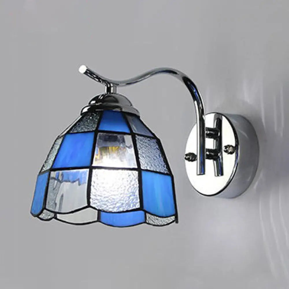 Tiffany Style Tapered Wall Light: Square/Gem Pattern Stained Glass Sconce In Blue / Square